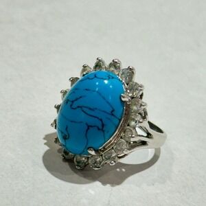 Turquoise 18KGP Cocktail Ring Womens 6.25 Blue Halo Statement 1960s Italian